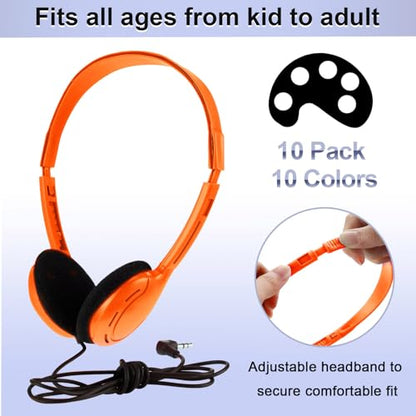 Yunsailing 10 Pack Bulk Over Ear Headphones Set On Ear Headsets Earphones with Adjustable Headband and 3.5mm Plug for Group Learning, Computer Lab, Library, Online Lesson (Multicolor) - color: Multicolor