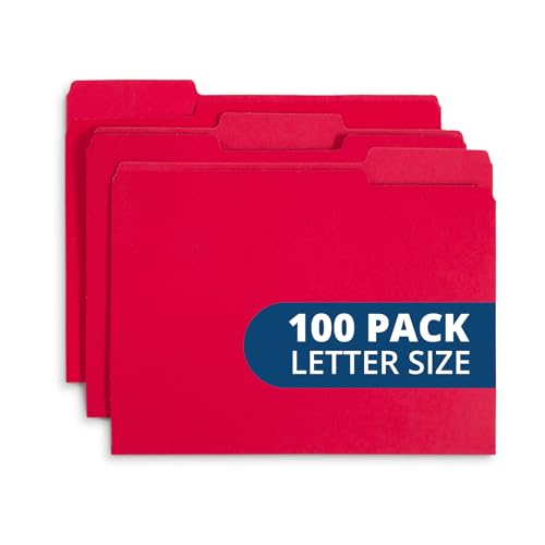 Blue Summit Supplies 100 File Folders, Letter Size, 1/3 Cut Tab, Red | Durable 11pt uncoated paper, 1/3 cut top tab, assorted tab positions, for office, school, and home filing - color: Red