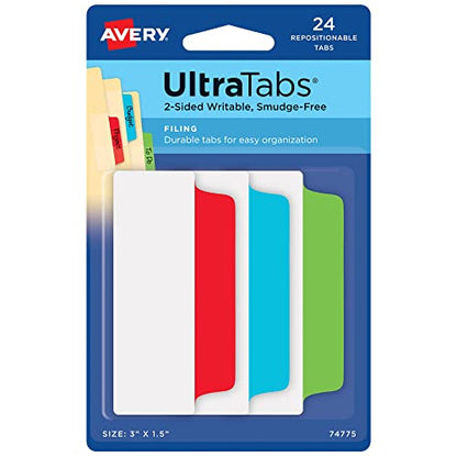 Avery Filing Ultra Tabs, 3" x 1.5", 2-Side Writable, Red/Blue/Green, 24 Repositionable File Tabs (74775) - color: Assorted, style: 24 tabs