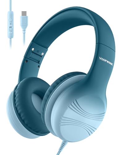 Voopwink USB Type C Kids Headphones, Wired Headphones for Kids with Microphone 85/94dB Volume Limit, Stereo Sound Portable Over Ear Headphones for School/Travel/Tablet/iPad, Gradient Green - color: Gradient Green, size: USB Type C Plug