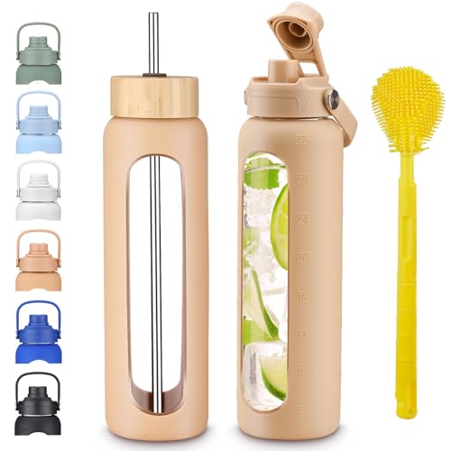 32 oz 1L Borosilicate Glass Water Bottle with 2 Leak-Proof Lids, Bamboo Straw Lid, Silicone Sleeve, BPA Free for Gym, Office, Home & Travel - color: Amber, size: 32 Ounces
