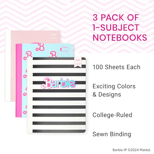 Yoobi Barbie X College Ruled Composition Notebook Set – 3-Pack of Kids 1 Subject Notebooks, Allover Print Designs – 100 Sheets Each, For School, Office & Home – 9.75” x 7.5” - color: Barbie - Composition, size: Pack of 3