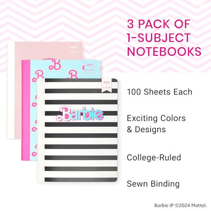 Yoobi Barbie X College Ruled Composition Notebook Set – 3-Pack of Kids 1 Subject Notebooks, Allover Print Designs – 100 Sheets Each, For School, Office & Home – 9.75” x 7.5” - color: Barbie - Composition, size: Pack of 3