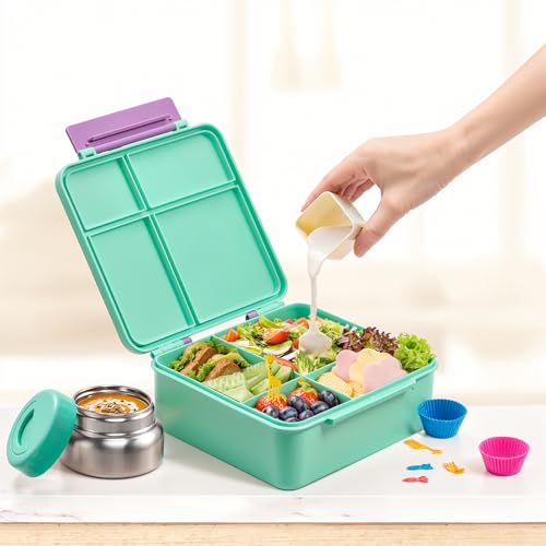 JSLOVE Bento Lunch Box with Leak Proof Thermos Food Jar for Kids, Food Lunch Containers for Girls with 4 Compartments, BPA-Free with Utensils, Food Picks, Sauce Jar & Silicone Lunch Box Dividers - color: Green