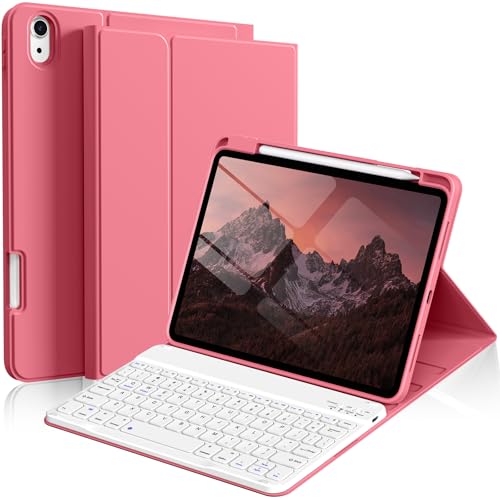 kenke for iPad 11/10th Gen Case with Keyboard 11/10.9 inch 2025 A16/2022, Detachable Wireless Bluetooth Keyboard Case with Bulit-in Pencil Holder, White Square Keycaps (Pink) - color: Watermelon Red