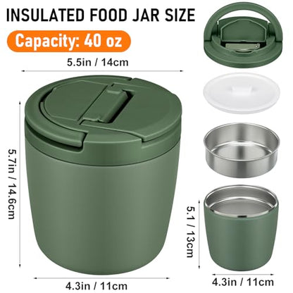 wiwens 40oz Insulated Lunch Containers for Adults Soup Thermo for Hot Food | Leak Proof Wide Mouth Vacuum Stainless Steel Thermal Jar Bento Box with Buckle Lid and Spoon - color: Green