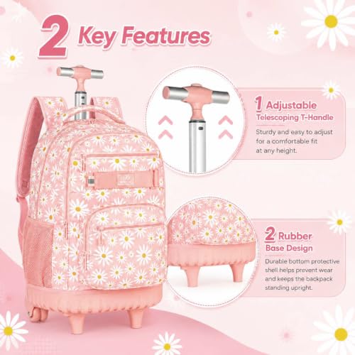 AGSDON Rolling Backpack for Girls, Women Roller Wheels Bookbag, Laptop Daisy Wheeled School Bag with Wheels for Teens - color: Daisy Pink 01