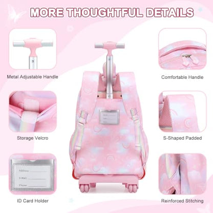 Scothen Rolling Backpack for Girls, 3PCS Roller School Backpacks for Girls with Lunch Bag and Pencil Pouch, Kids Bookbag Schoolbag with Wheels for Teen Girl Kindergarten Elementary Middle School - color: Pink