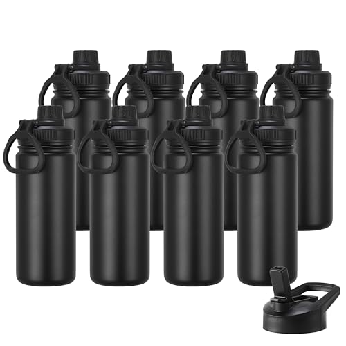 DOMICARE 16 oz Kids Water Bottle for School Stainless Steel Double Wall Vacuum Insulated Water Bottle with Straw lids & Spout Lid, Leakproof BPA Free （Black,8) - color: Black, size: 16oz/8 Pack
