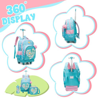 Girls Rolling Backpack Kids Backpacks with Wheels Travel Luggage for Elementary School Bookbag with Wheels Backpacks for Girls with Lunch Bag Set - color: Pink Blue Flower