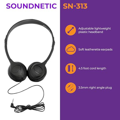 Soundnetic SN313 Bulk Classroom Headphones 25 Pack – Wired On-Ear Stereo Headphones for Students K-12, Leatherette Earpads, 3.5mm Jack, Compatible with Chromebook, Laptop, Computer – School Pack - size: 25 Pack