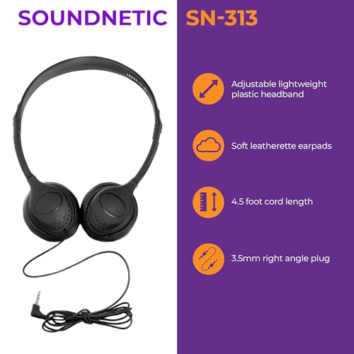 Soundnetic SN313 Bulk Classroom Headphones 10 Pack – Wired On-Ear Stereo Headphones for Students K-12, Leatherette Earpads, 3.5mm Jack, Compatible with Chromebook, Laptop, Computer – School Pack - size: 10 Pack