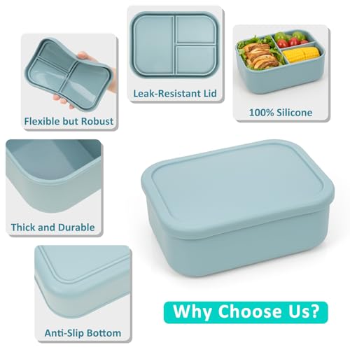 100% Silicone Bento Box Adult with 3 Compartments, 48oz, Reusable Divided Lunch Box Meal Prep Containers for Entree and Side Food Snack Storage, BPA-Free Plastic-Free, Microwave Dishwasher safe, Green - color: Green | 48oz | 3-Compartment