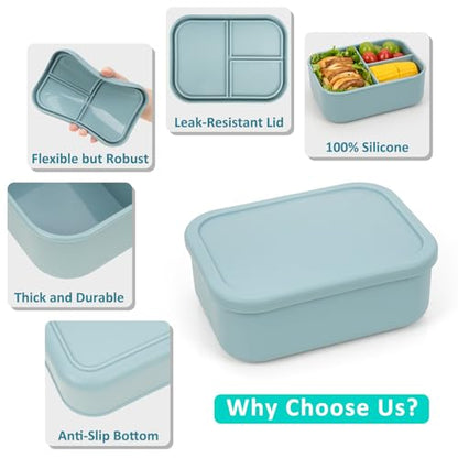 100% Silicone Bento Box Adult with 3 Compartments, 48oz, Reusable Divided Lunch Box Meal Prep Containers for Entree and Side Food Snack Storage, BPA-Free Plastic-Free, Microwave Dishwasher safe, Green - color: Green | 48oz | 3-Compartment
