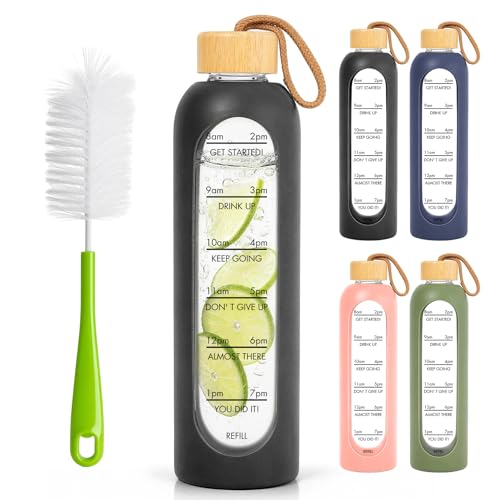 32 OZ Glass Water Bottles, Borosilicate Glass Bottle with Time Marker, 1 Liter Leak Proof Reusable BPA Free Motivational Water Bottles with Silicone Sleeve and Bamboo Lid (Black) - color: Black