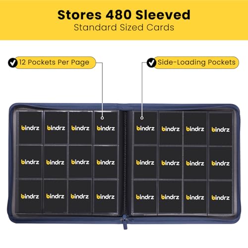 bindrz 12 Pocket Zipper Binder for 480 Sleeved Trading Cards - Side Loading Pockets Album - Archival Safe Material and Compatible with TCG MTG and Sports Collectibles (Blue) - color: Blue