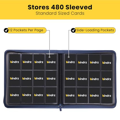 bindrz 12 Pocket Zipper Binder for 480 Sleeved Trading Cards (Blue) | Side Loading Pockets Album, Archival Safe Material, Compatible with TCG MTG and Sports Collectibles - color: Blue