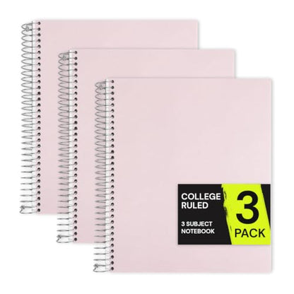 ONAVIA Pink 3 Subject Spiral Notebook College Ruled 3 Pack, 300 Pages | 150 Sheets, 9 x 11 in, 6 Pack Waterproof Plastic Cover, Durable, School Notebooks, Homework, Test Prep - color: Pink