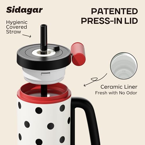 36oz Insulated Tumbler with Handle, Stainless Steel Water Bottle, Leak-Resistant Travel Coffee Mug with Push Button Lid, Cup Holder Friendly for Tea & Daily Use, White - color: Retro Polka Red