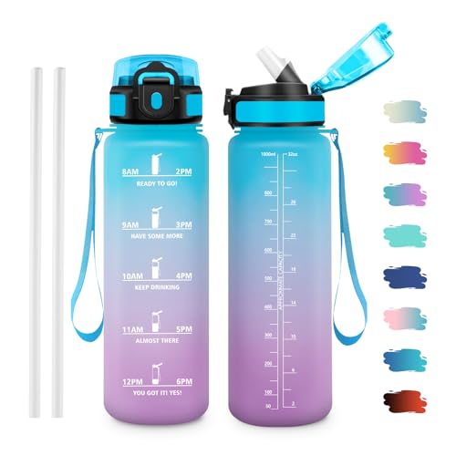 Water Bottle 1 L, Water Bottle with Straw, Sports Water Bottle, Leak-Proof with Time Marking for Outdoor, Fitness, School, Office, Bicycle - color: 1000 ml, blue and purple, size: 33.8 Ounces