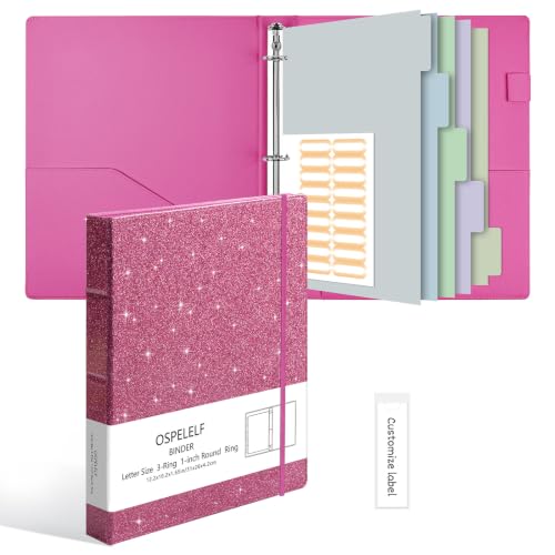 Ospelelf Vintage Hardcover 3 Ring 1 inch Leather Binder, Professional Binder Organizer Suitable for Letter Size, Binder Dividers with Tabs, Glitter Rose Pink - color: Glitter Rose Pink, size: Letter Size - 1 Inch Ring