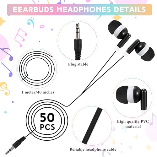 50 Pack Earbud Bulk Headphone for Classroom Earphone Earbud with Wire Individually Bagged Wired in Ear Buds(Black) - color: Black