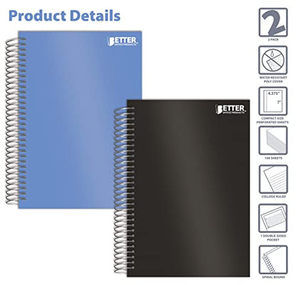 Better Office Products 1 Subject Spiral Notebook, 2 Pack, Personal Small Notebooks, Poly Covers, 7 x 4.375 inch, College Rule, 100 Sheet Mini Notebooks, Black and Blue Covers