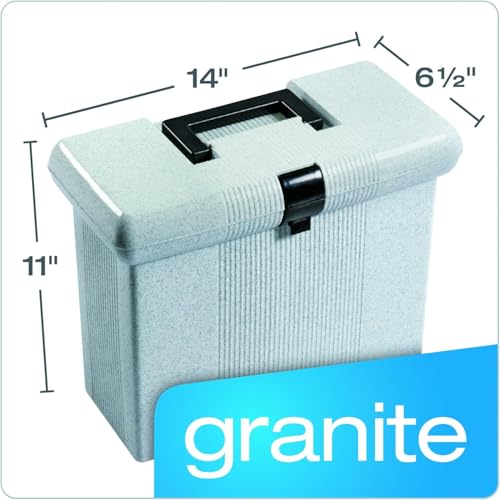 Pendaflex Portable File Box with File Rails, Simple Document Storage, File Bin for Home and Office, Hinged Lid with Double Latch Closure, Granite, 3 Hanging Folders Included, 11" x 14" x 6.5" (41737)