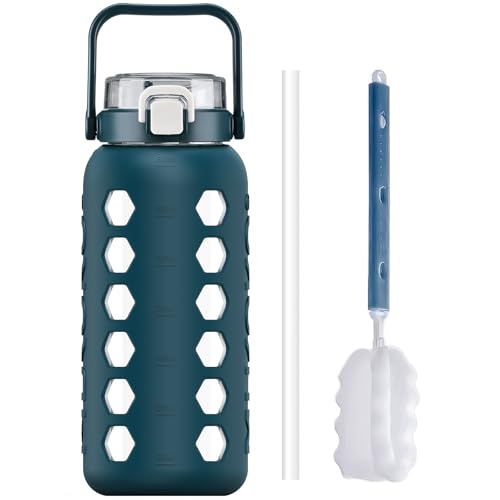 MUKOKO Half Gallon/64 oz Glass Water Bottles with Straw and Lid,Motivational Water Jug with Time Marker Reminder and Silicone Sleeve,100% Leakproof BPA Free Fitness Sports Large Bottle-Blue - color: Blue, size: 64 Ounces