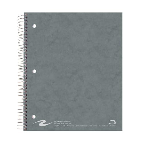 ROARING SPRING 3 Subject Spiral Notebook, 11" x 9", College Ruled, 120 Perforated Sheets, Assorted Eco Press Covers, 3 Double Storage Pockets, Made in USA - size: 11" x 9" 120 Sheets, style: Single Notebook