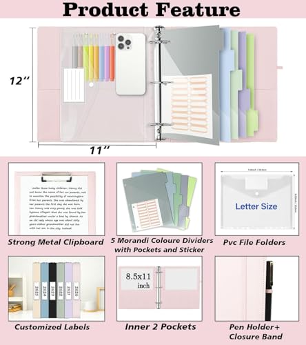 Leather 3 Ring Binder, 2 Inch Binders with Clipboards, 5-Tabs Pockets Dividers, 18 Divider Stikers, Plastic Folder, Pen Holder, Three Ring Binder with Pen Holder(Pink, Letter Size) - color: Pink, size: 2in（Letter Size）