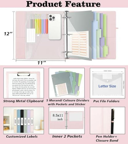 Leather 3 Ring Binder, 2 Inch Binders with Clipboards, 5-Tabs Pockets Dividers, 18 Divider Stikers, Plastic Folder, Pen Holder, Three Ring Binder with Pen Holder(Pink, Letter Size) - color: Pink, size: 2in（Letter Size）