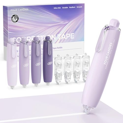 Four Candies Refillable Correction Tape, 4PCS White Tape with 4 Refills | Smooth White Pull-Out Tape for Instant Corrections, Easy to Use Applicator for Office, School Supplies (Purple) - color: Purple