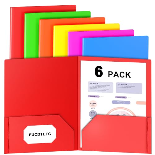 Plastic Folders with Pockets, 2 Pocket Folders Fit Letter Size Paper, Heavy Duty Paper File Folder with Business Card Holder for School Office Home Business (6 Pack, Assorted Colors) - size: 6 Pack