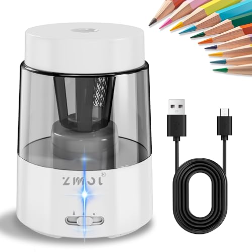ZMOL Electric Rechargeable Pencil Sharpener, Automatic Pencil Sharpeners Students, Battery Powered Pencil Sharpeners for Colored Pencils, Auto Stop, Suitable for No.2(6-8mm), Classroom/Home White - color: B-white