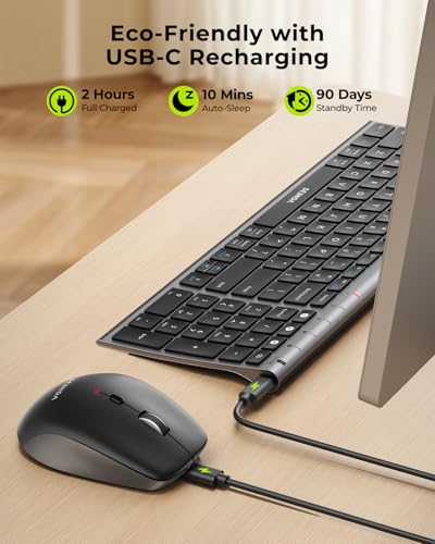 seenda Wireless Bluetooth Keyboard Mouse Combo, COE401 Rechargeable Silent Keyboard Mouse Compact Slim, 3 Multi-Device Connection, Compatible for Windows/Mac PC Laptop MacBook iPad, Black Gray - color: Black Gray