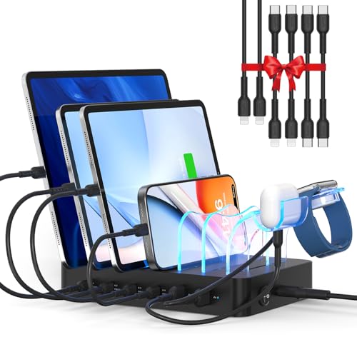 SooPii 90W Charging Station for Multiple Devices, 6 Port Multi USB C Charger Station with 6 Mixed Short Cables,PD 20W Charging Dock for lPhone,Galaxy,iPad,Tablet and More Electronic Devices,Black - color: Black