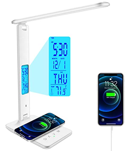 snsok Desk Lamp with Wireless Charger, USB Charging Port, Dimmable Office Desk Light with Clock, Alarm, Date, Temperature, Foldable Lamp for Table Bedroom Bedside Office (White) - color: White, size: Standard Size-13.3 inch