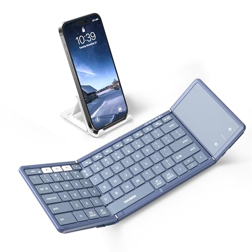 Samsers Foldable Bluetooth Keyboard with Touchpad, Full-Size Wireless Folding Keyboard with PU Leather, Portable Travel for iOS Android Windows Mac OS, Support 3 Devices (BT5.1 x 3), Blue - color: Young Blue