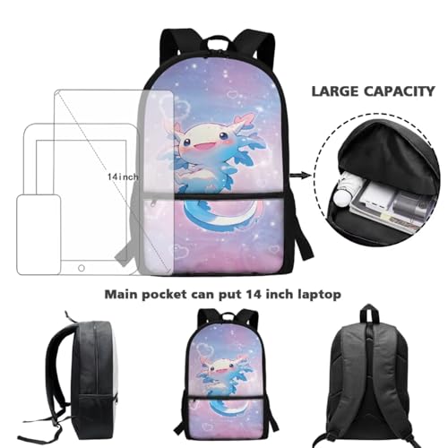 CLOHOMIN Adorable Axolotl Kids Backpack Set 3PCS with Lunch Box 3rd Grade/4th Grade Cute Book Bag and Lunch Bag for Girls Age 5-6Schoolbag Set of 3 Insulated Water Bottle Carrier with Strap - color: Adorable Axolotl