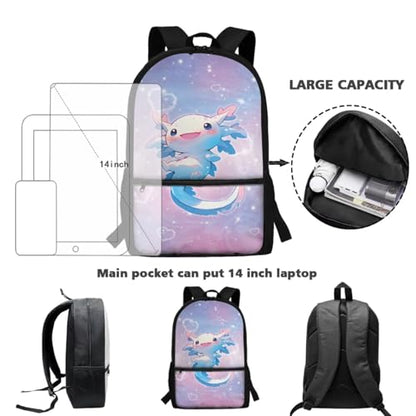 CLOHOMIN Adorable Axolotl Kids Backpack Set 3PCS with Lunch Box 3rd Grade/4th Grade Cute Book Bag and Lunch Bag for Girls Age 5-6Schoolbag Set of 3 Insulated Water Bottle Carrier with Strap - color: Adorable Axolotl