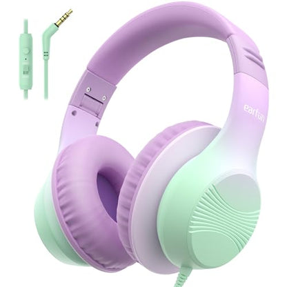 EarFun K3 Kids Headphones, Over Ear Headphones with Microphones, 85/94dB Volume Limit, HD Stereo Sound, Foldable Wired Headphone for School/Travel/Boys/Girls/Tablet/iPad (3.5mm Plug with Mic, Purple) - color: Purple
