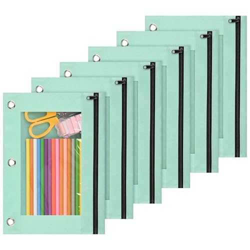 Lanpn Pencil Pouch for 3 Ring Binder 6 Pack, Pastel Binder Pen Bags with Zipper, 3 Holes Pencil Holder Stationary Organizer for Boy Girl Kids School Student, Reinforced Grommets & Clear Window, Green - color: Green, size: 6 Pack