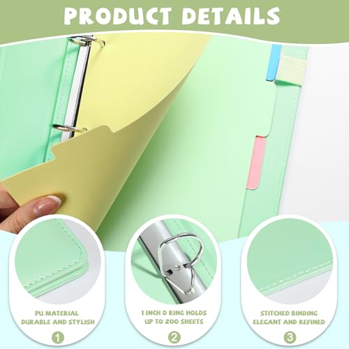 2 Pack Mini Size 3 Ring Binder 1 inch Rings 5 Colors Dividers Pu Leather Binders 5.5" X 8.5" Holds 200 Sheets Paper Three Ring Binder DRing with Pen Loop 1 Pockets School Office (Green&Blue) - color: Green&blue, size: 1"D Ring