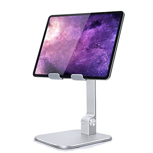 elitehood Aluminum iPad Stand, Adjustable Tablet Holder for Desk, Desktop Tablet Stand Dock for iPad Pro 12.9 11, Air Mini 4 5 and More 4-13.5 inches Tablets, Silver - color: Silver