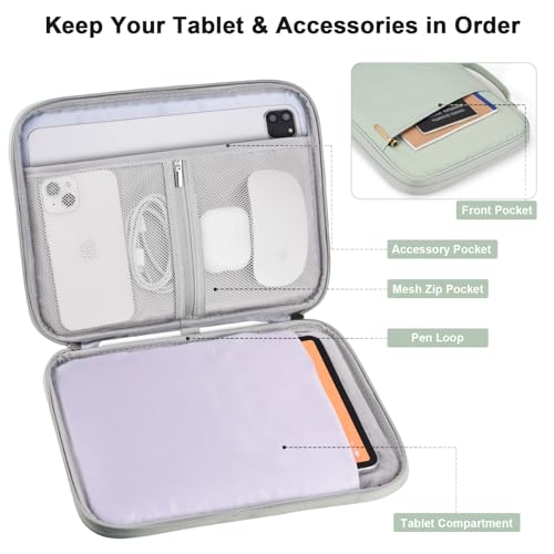 Tablet Sleeve 9-11", Fits iPad Pro 11" M5/M4, Slim Case Friendly | Water-repellent nylon, padded; fits Samsung Galaxy Tab S9/S8; pockets for charger & earbuds — 7 oz, commute & travel ready. - color: Green-Updated Version, size: 9-11