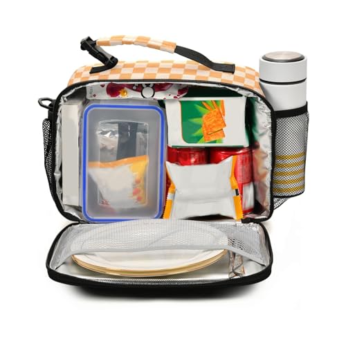Custom Student Lunch Bag for Boys Girls Orange Checkerboard Personalized Lunch Box With Name Insulated Cooler Bag for School Picnic Travel - color: Multi11