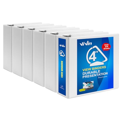 ViVin Durable 4 inch D Ring View Binder, Large 4" Slant-D Ring with 835-Sheet Capacity, Fit 8.5" x 11" Paper, 6 Pack(White) - color: White, size: 4 Inch, style: 6 Pack
