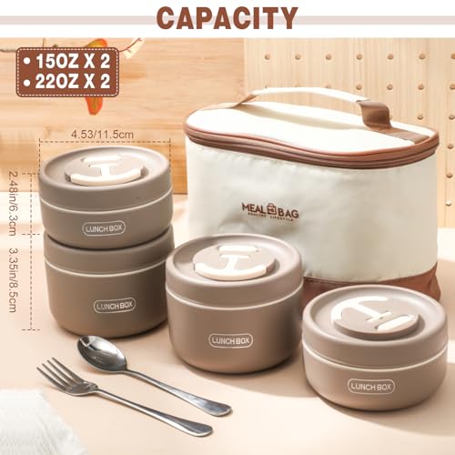 Dandat 4 Pcs Insulated Lunch Container, Portable Bento Box, Stainless Steel Lunch Box, Round Stackable Leakproof Thermal Food Container for Adult Men Women with Insulated Bag, 74 oz(Khaki) - color: Khaki