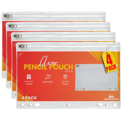 1InTheOffice Clear Pencil Pouch For 3 Ring Binder, Ring Binder Pockets with Zipper, Vinyl, 4 Pack